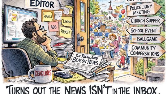 Harried editor at desk