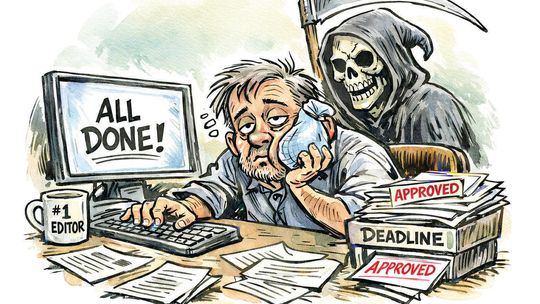 A harried editor with a toothache rushes to meet his deadline.